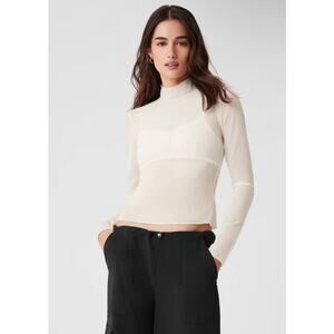 alo yoga Mesh Sheer Illusion Mock Neck Long Sleeve Ivory NWOT Medium Orig $74
